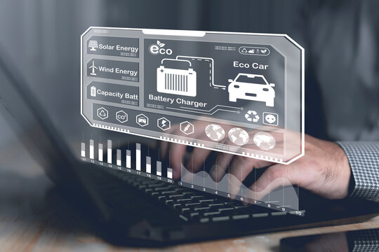 Car engine checks with hologram in dashboard interface on blurry repairman in garage. The concept of engine service hologram communication. Creative automobile, charging, and futuristic technology.