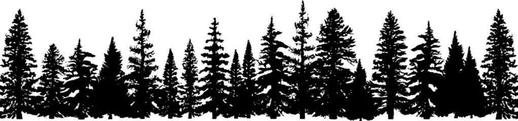 Horizontal set of coniferous spruce trees silhouettes, elegantly capturing the essence of fir trees on a transparent background. Generative AI 