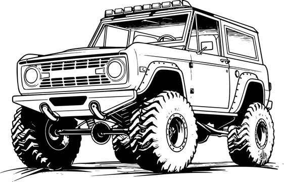 recommend clip art: Hand-drawn black and white vector illustration of an off-road car, showcasing a rugged and adventurous style. Generative AI 