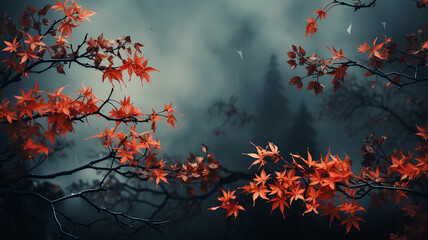 the branches and leaves of the Japanese red maple form an autumn text frame on a blurry cold blue background