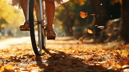 bicycle in motion autumn background wheels leaves flying in autumn park fall sunny day