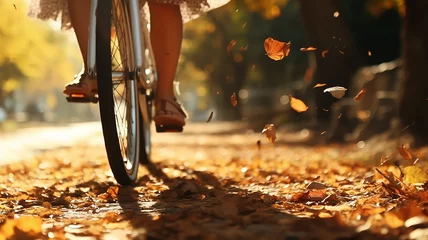 Poster bicycle in motion autumn background wheels leaves flying in autumn park fall sunny day © kichigin19