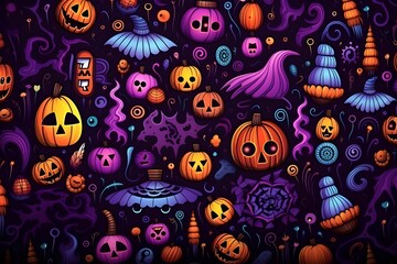 Naklejka premium Halloween skulls, pumpkin and other halloween objects seamless pattern with vibrant colors
