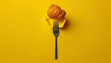Fried chicken with plastic fork on yellow background. Minimal fast food concept. 3d rendering. Generative Ai. - obrazy, fototapety, plakaty
