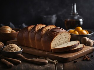 Delicious homemade sourdough bread with ingredients on wooden serving table