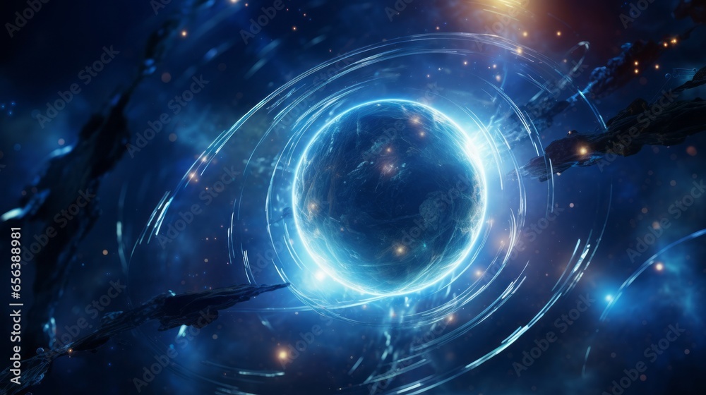 Wall mural blue nebula with stars and the planet on the foreground