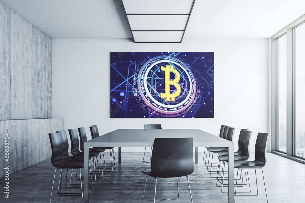 Poster Creative Bitcoin concept on presentation screen in a modern conference room. 3D Rendering