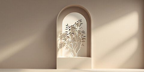 Minimalistic abstract gentle light beige background for product presentation with light andand intricate shadow from the window and vegetation on wall. Generative Ai.