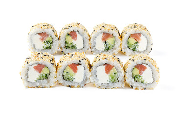 Philadelphia roll with smoked salmon in sesame, avocado, cucumber on a white background, studio shot