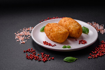 Delicious baked potato cutlet stuffed with chicken and vegetables, spices and salt