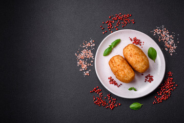 Delicious baked potato cutlet stuffed with chicken and vegetables, spices and salt