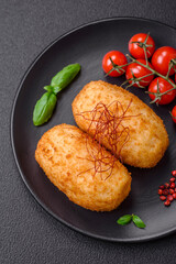 Delicious baked potato cutlet stuffed with chicken and vegetables, spices and salt