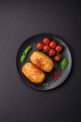 Delicious baked potato cutlet stuffed with chicken and vegetables, spices and salt