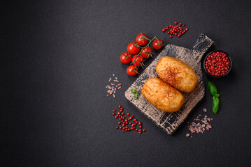 Delicious baked potato cutlet stuffed with chicken and vegetables, spices and salt