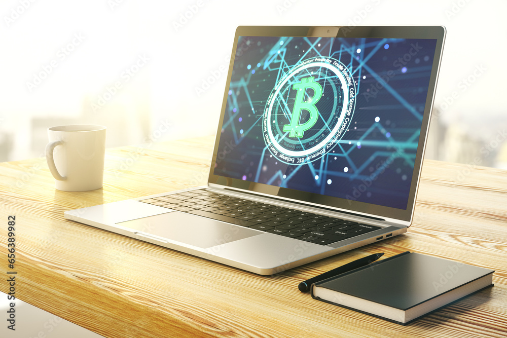 Aufkleber Creative Bitcoin concept on modern computer monitor. 3D Rendering