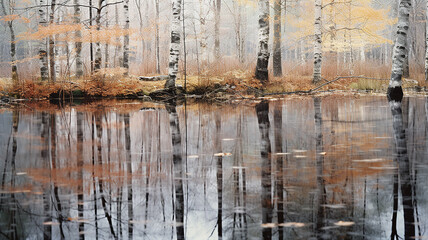 Naklejka premium watercolor autumn gray forest with reflection in water, calm background landscape soft color