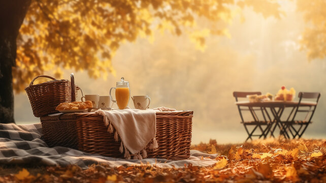 autumn landscape picnic in a sunny morning park picnic basket and walking fall
