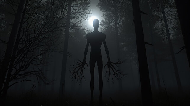 Horror a lonely silhouette in a gloomy foggy forest, maniac thriller the darkness of the night