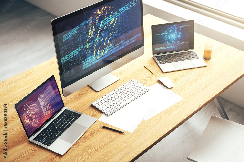 Poster Modern computer monitor with creative code skull hologram. Malware and cyber crime concept. 3D Rendering
