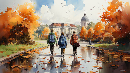 watercolor painting drawing a group of friends  school children go back to school view from the back with backpacks - obrazy, fototapety, plakaty