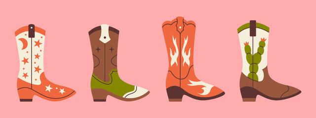 Vector different cowboy boots. Wild west concept. Western set.