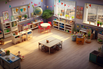Preschool room with safe learning in background of cute class room. Education concept for school and study. - obrazy, fototapety, plakaty
