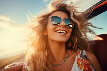 Fotobehang Young beautiful woman in an open top car. Car travel. Happy woman enjoy in convertible auto in summer trip holiday vacation. driving and having fun concept © arhendrix