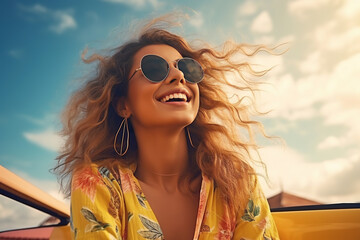 Young beautiful woman in an open top car. Car travel. Happy woman enjoy in convertible auto in summer trip holiday vacation. driving and having fun concept