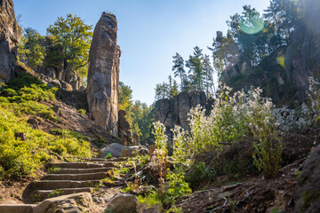 Prachovske skaly in sun lights, Cesky raj sandstone cliffs in Bohemian Paradise, Czech Republic