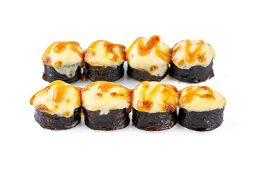 warm Tamago Roll with Tamago Omelet, avocado, cream cheese, parmesan, mozzarella, mayonnaise, unagi sauce on a white background