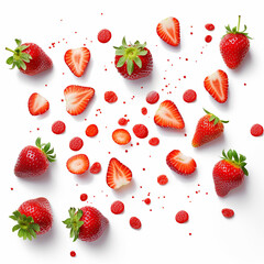 cut Strawberries and whole Strawberries on white background top view - obrazy, fototapety, plakaty