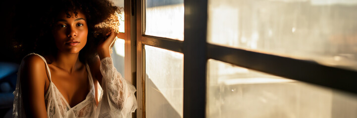 Beauty or fashion photography of a young woman sitting in a window in evening light. Urban feel. Concept of fashion or beauty commercials or ads. Shallow field of view and copy space.