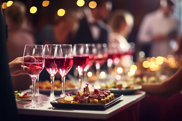 Waiters from catering service with wine glasses on the event. Buffet table celebration of wine tasting. Nightlife, celebration and entertainment concept. wide banner format