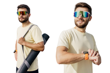 A male athlete uses a fitness watch and a yoga mat. Athlete active training in sportswear. A runner training cardio. Transparent isolated background.