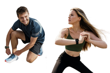 Confident athletic friends warm up in fitness clothes. Woman and man sports people interval training, coach and client exercise fitness.  Transparent isolated background.