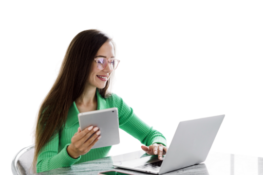 SMM specialist with glasses smart cheerful woman uses a laptop and tablet workplace in the office employee modern business clothes. Transparent isolated background. - Powered by Adobe