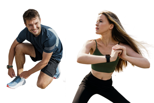 Confident athletic friends warm up in fitness clothes. Woman and man sports people interval training, coach and client exercise fitness.  Transparent isolated background.