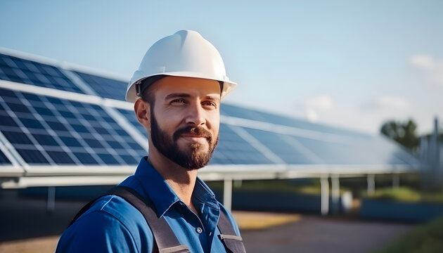 Bearded caucasian ethnicity man engineer wearing uniform and helmet posing in front of solar farm.