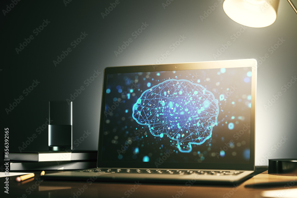 Poster Modern computer display with creative human brain microcircuit. Future technology and AI concept. 3D Rendering
