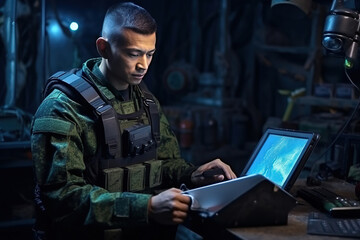 Soldier in uniform analyze data on a tablet and work out tactics at a temporary base. Programming control with artificial intelligence, online coordination of the military team