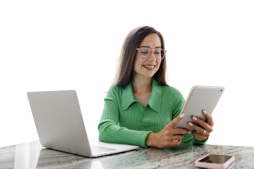 A copywriter with glasses smart cheerful woman uses a laptop and tablet workplace in the office employee modern business clothes. Transparent isolated background.