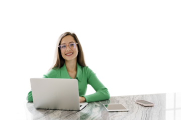 Designer young woman uses laptop workplace in office employee modern business clothes. Transparent isolated background.