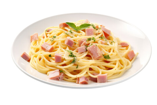 A plate of Cheesy Ham Pasta Isolated on a White Background PNG