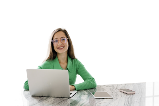 Designer young woman uses laptop workplace in office employee modern business clothes. Transparent isolated background.
