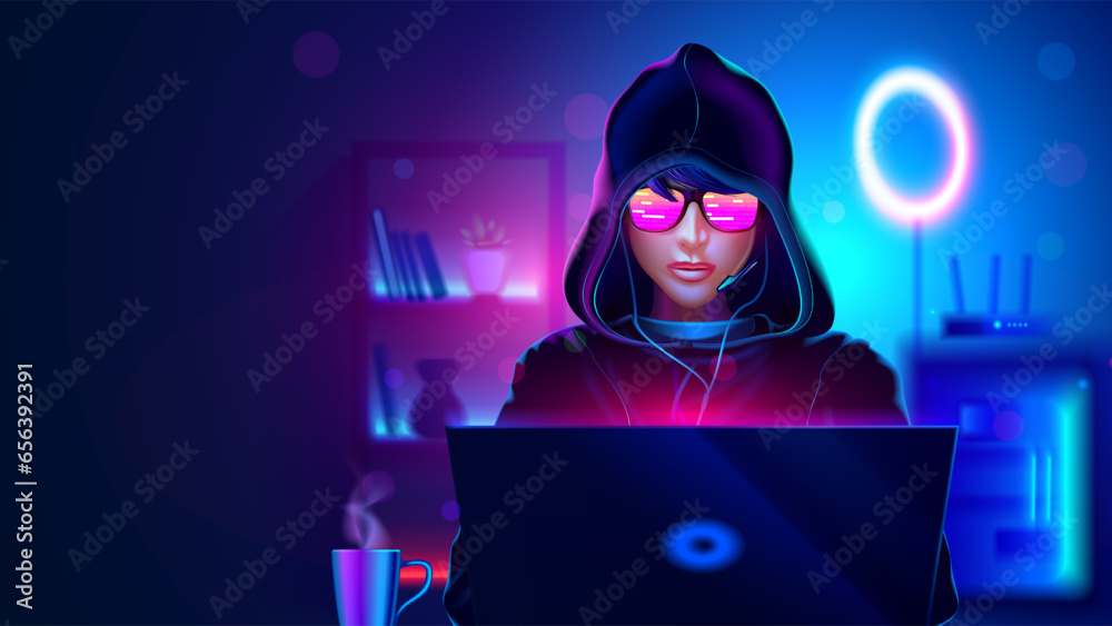 Poster a teenage gamer in a hood is playing at a gaming laptop. a teenage girl or a boy in a hood is a hack