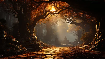 Fotobehang romantic landscape in the autumn fairy tale story of the forest, sun through the fog in a round arch of yellow trees. © kichigin19