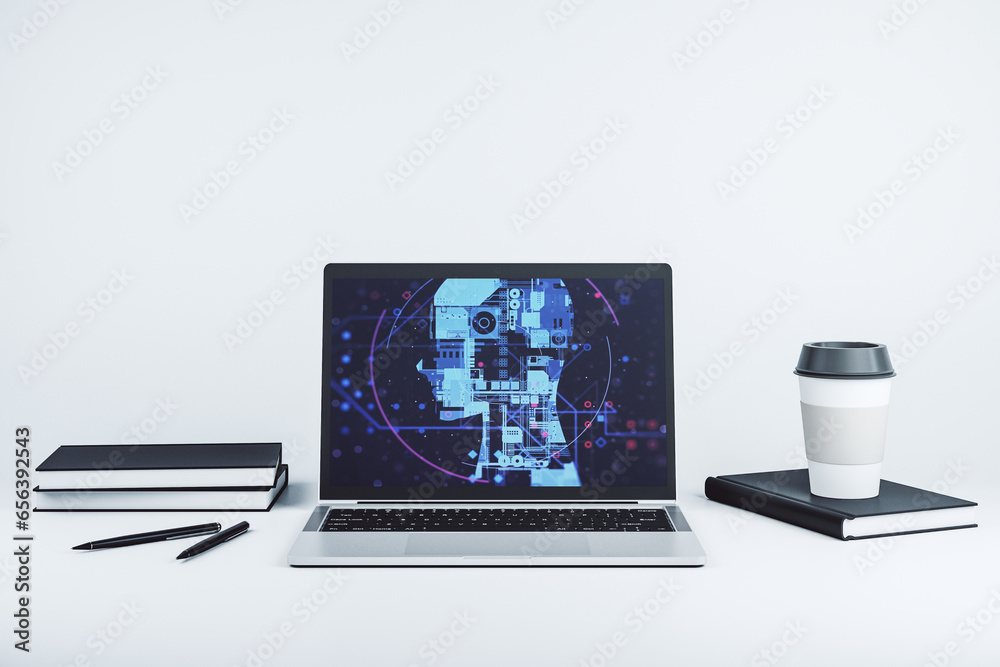 Poster Modern computer monitor with creative artificial Intelligence symbol. Neural networks and machine learning concept. 3D Rendering