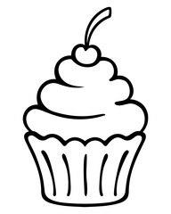 Festive cake in a mold. Sketch. Cherry berries on top of the cake. Vector illustration. Coloring book. Dessert for a birthday. Doodle style. 