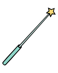 Magic wand. A green wand with a yellow star on the end. A tool to create a wonderful atmosphere. Color vector illustration. Cartoon style. Isolated background. Idea for web design.