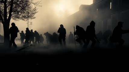 silhouettes of the crowd in the smoke on the street revolution riot. - obrazy, fototapety, plakaty